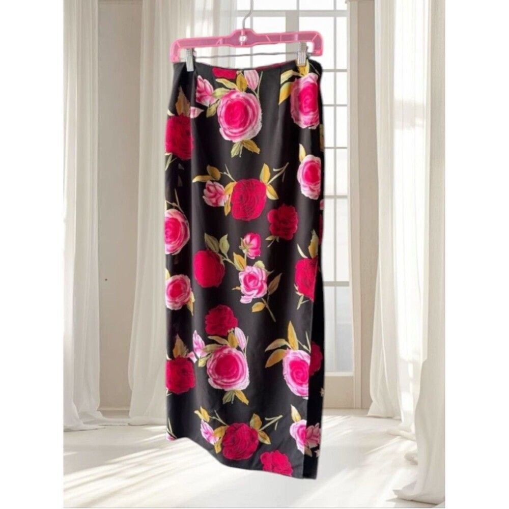 VTG La Belle Fashion Floral Roses Sheer Midi Skirt Size S/M
